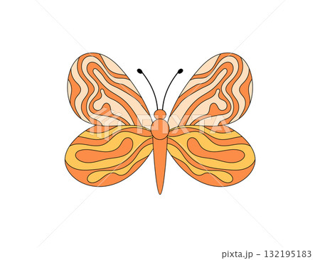 Groovy retro butterfly with funky orange and colorful abstract shapes sticker. Vintage 70s y2k sticker, vibrant patch as playful groovy element for trendy graphic projects. 132195183