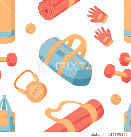 Seamless pattern showing gym equipment and accessories in colorful cartoon graphic style. Includes fitness tools like kettlebell, dumbbells, mat, and bag. Perfect vibrant design for workout themes, Seamless pattern showing gym equipment and accessories in colorful cartoon graphic style. Includes fitness tools like kettlebell, dumbbells, mat, and bag. Perfect vibrant design for workout themes, 132195192