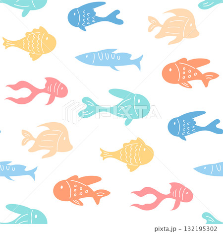 Seamless flat pattern of underwater fish. Marine life undersea with ocean and aquatic creatures in a cartoon graphic style. Summer sea background perfect for vibrant aquatic themes. Seamless flat pattern of underwater fish. Marine life undersea with ocean and aquatic creatures in a cartoon graphic style. Summer sea background perfect for vibrant aquatic themes. 132195302