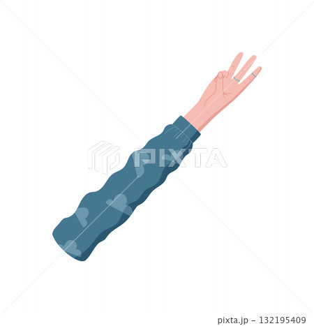 Clothed hand gesture with fingers forming number three in flat style. Arm raised to count with a focus on fingers and palm. Professional graphic for math education, isolated illustration. 132195409