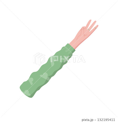 Flat style hand gesture with three fingers up. Arm with sleeve and palm expressing a number. Human hand and bare wrist in an isolated pose. Professional icon for counting, education, or math Flat style hand gesture with three fingers up. Arm with sleeve and palm expressing a number. Human hand and bare wrist in an isolated pose. Professional icon for counting, education, or math 132195411