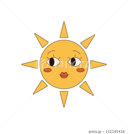 Groovy y2k sun with cartoon face and happy yellow smile. This cute character shines as a sunshine symbol, bringing funky retro style and positive mood to any creative project or decor theme. Groovy y2k sun with cartoon face and happy yellow smile. This cute character shines as a sunshine symbol, bringing funky retro style and positive mood to any creative project or decor theme. 132195416