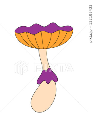 Groovy retro psychedelic mushroom in funky orange color. Cartoon shroom and magic groovy element in trippy y2k style. Funky sticker for fantasy or pop art concept, playful and colorful aesthetic. 132195433