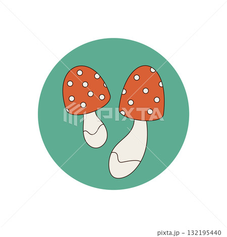Groovy retro mushroom forms funky orange sticker label. Playful cartoon seal set in a circle on package or box lid, y2k visual style for modern branding and packaging uses. Groovy retro mushroom forms funky orange sticker label. Playful cartoon seal set in a circle on package or box lid, y2k visual style for modern branding and packaging uses. 132195440