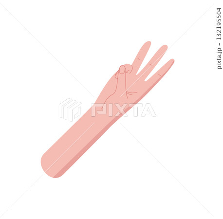 Flat style hand gesture with bare fingers shows number three sticker. Human palm and arm isolated on white. Finger sign used for counting or preschool education, professional vector format. Flat style hand gesture with bare fingers shows number three sticker. Human palm and arm isolated on white. Finger sign used for counting or preschool education, professional vector format. 132195504