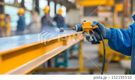 Industrial worker using spray gun on metal beam in factory setting 132195510