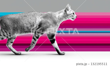 Graceful cat walking with vibrant pink and blue striped background 132195511
