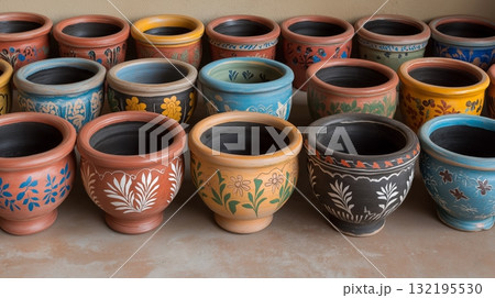 Colorful handcrafted ceramic pottery with floral patterns in various designs and colors 132195530
