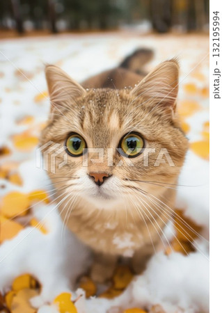 cute curious cat looking up in snow 132195994