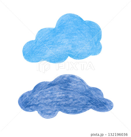 Two blue clouds, hand-drawn. The drawing with colored pencils is isolated on a white background. Clipart. A child's drawing. 132196036