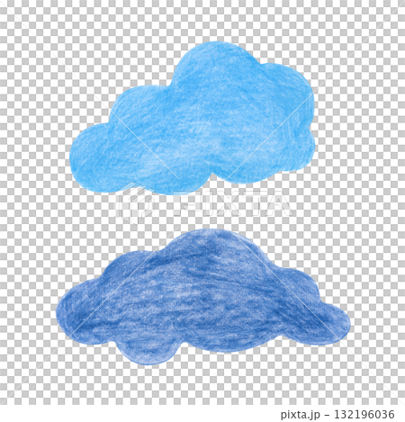 Two blue clouds, hand-drawn. The drawing with colored pencils is isolated on a white background. Clipart. A child's drawing. 132196036