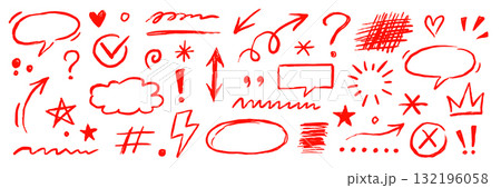 Red color pencil line elements set. Hand drawn red color crayon pencil, texture brush stroke arrow, highlight, check mark doodles. Marker arrow, chalk sketch square, emphasis. Vector Red color pencil line elements set. Hand drawn red color crayon pencil, texture brush stroke arrow, highlight, check mark doodles. Marker arrow, chalk sketch square, emphasis. Vector 132196058