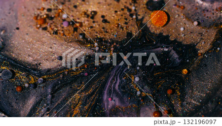 Oil flow. Bubble mix liquid. Defocused orange purple pink colorful glitter paint water round texture floating on abstract acrylic art background. Oil flow. Bubble mix liquid. Defocused orange purple pink colorful glitter paint water round texture floating on abstract acrylic art background. 132196097