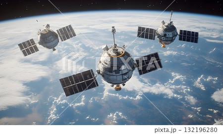 Spacecraft orbiting earth detailed satellite view solar panels cloud cover Spacecraft orbiting earth detailed satellite view solar panels cloud cover 132196280