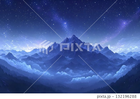 Night mountainscape blue hour peaks above clouds and stars 132196288