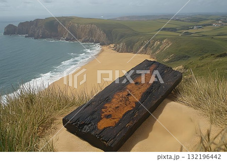 Coastal landscape dark wood plank on sandy dune overlooking ocean beach and cliffs 132196442
