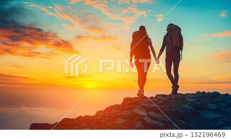 Silhouette hikers at sunset mountaintop view adventure travel 132196469