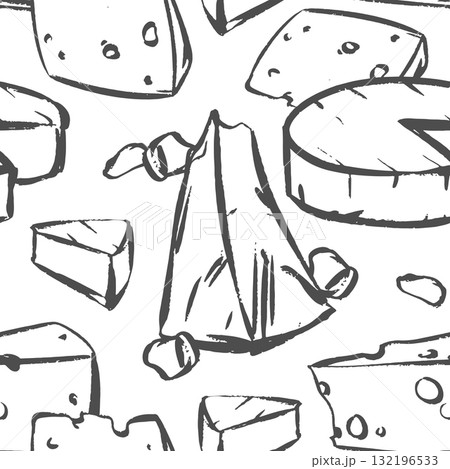 Vector pattern with various cheeses: Swiss, soft Camembert, Parmesan, Brie, Gouda, and Cheddar. This hand-drawn farmhouse cheese clip art imitates a quick chalk sketch on a blackboard. 132196533