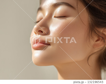 素肌が輝く横顔のナチュラルな女性 132196543