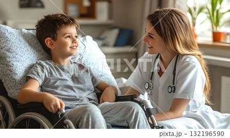 Smiling boy and doctor healthcare and disability support 132196590