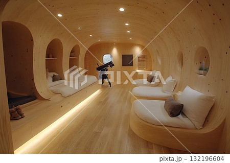 Wooden room interior with beds and telescope calm educational space Wooden room interior with beds and telescope calm educational space 132196604