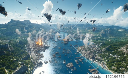 Coastal battle aerial view of ships explosions and flying objects Coastal battle aerial view of ships explosions and flying objects 132196733