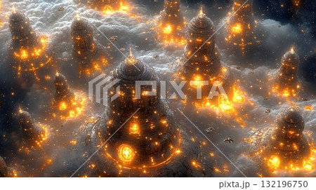 Glowing cloud city digital fantasy art aerial view 132196750
