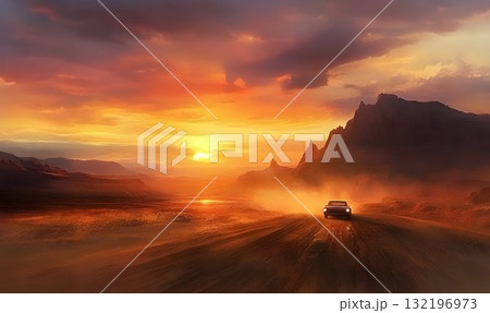 Desert road sunset car journey adventure travel scenic landscape Desert road sunset car journey adventure travel scenic landscape 132196973
