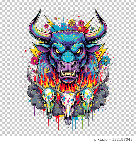 Intense, neon bull's head with a furious glare, framed by flames, flowers, and deer skulls in a colorful, street-art aesthetic. Intense, neon bull's head with a furious glare, framed by flames, flowers, and deer skulls in a colorful, street-art aesthetic. 132197045