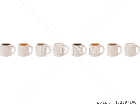 横に並んだマグカップ4種コーヒー紅茶カフェラテミルク水彩イラスト 132197106