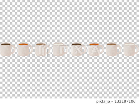 横に並んだマグカップ4種コーヒー紅茶カフェラテミルク水彩イラスト 132197106