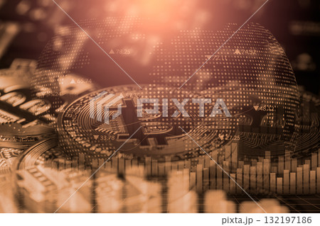 Modern way of exchange. Bitcoin is convenient payment in global economy market. Virtual digital currency and financial investment trade concept. Abstract cryptocurrency with gold bitcoin background. Modern way of exchange. Bitcoin is convenient payment in global economy market. Virtual digital currency and financial investment trade concept. Abstract cryptocurrency with gold bitcoin background. 132197186