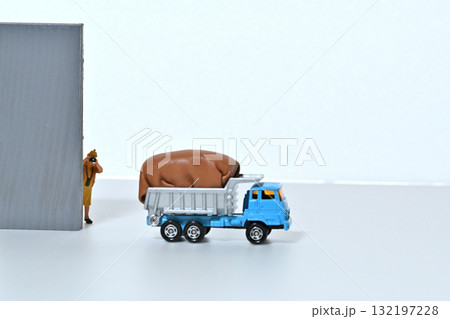 荷物をいっぱい積んだダンプトラックを撮影する女性 132197228