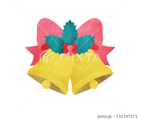 クリスマスベル クリスマスに使えるベルと柊とリボンの水彩イラスト 132197271