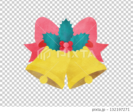 クリスマスベル クリスマスに使えるベルと柊とリボンの水彩イラスト 132197271