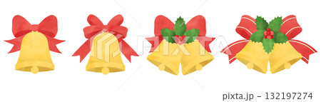 クリスマスベルのセット クリスマスに使えるベルと柊とリボンの水彩イラスト クリスマスベルのセット クリスマスに使えるベルと柊とリボンの水彩イラスト 132197274