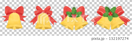 聖誕鈴鐺套裝。聖誕節的鈴鐺、冬青和緞帶的水彩插圖。 132197274