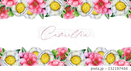 Blooming camellia flowers seamless border decor element. Hand drawn vintage style botanical watercolor illustration. Tender pink and white camellia blossoms seamless border decoration 132197488