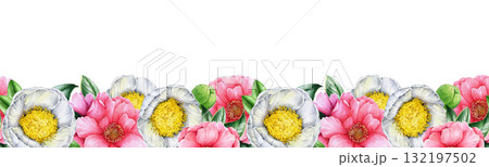 Blooming camellia flowers seamless border decor on white background. Hand drawn vintage style botanical watercolor illustration. Tender pink and white camellia blossoms seamless border decoration Blooming camellia flowers seamless border decor on white background. Hand drawn vintage style botanical watercolor illustration. Tender pink and white camellia blossoms seamless border decoration 132197502