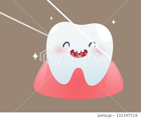Cartoon tooth happiness with dental floss and clean shiny smile 132197518