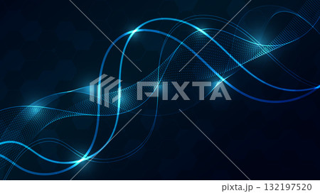 Blue Neon Light Vertical Wave Hexagon Grid Technology Background. 132197520