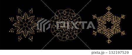 Merry Christmas 2026. Exquisite golden snowflakes made of sparkling tinsel Merry Christmas 2026. Exquisite golden snowflakes made of sparkling tinsel 132197529