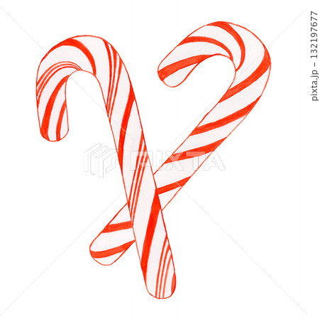 手描き水彩の赤と白のキャンディケーン2本｜クリスマスの装飾にぴったりのイラスト素材 132197677