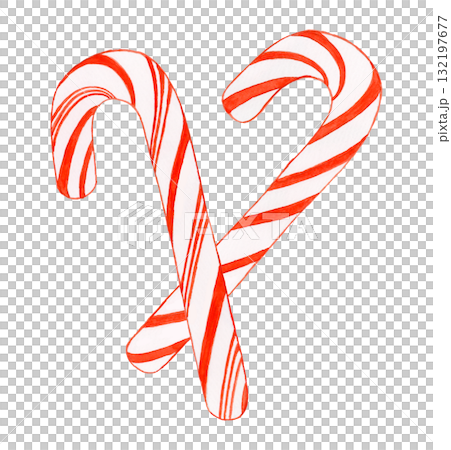 手描き水彩の赤と白のキャンディケーン2本｜クリスマスの装飾にぴったりのイラスト素材 132197677