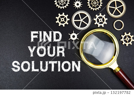 Find Your Solution text message with magnifying glass on black background 132197782