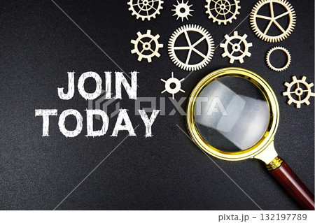 Join Today text message with magnifying glass on black background 132197789