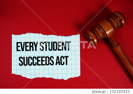 Every Student Succeeds Act text written on rip paper with wooden judgment gavel on red background 132197833