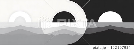 A minimalist abstract representation of a sunrise or sunset over a landscape using contrasting black and white tones to depict light and shadow A minimalist abstract representation of a sunrise or sunset over a landscape using contrasting black and white tones to depict light and shadow 132197934