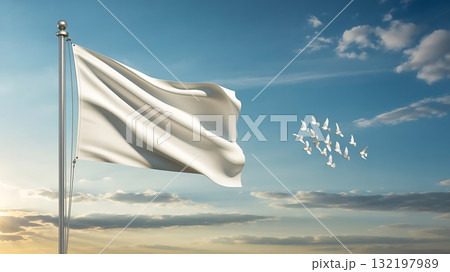 White flag waving in the wind with a flock of doves flying in the blue sky 132197989