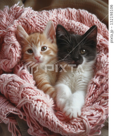 adorable kitten laying on a bed with a pink croched blanket 132198106